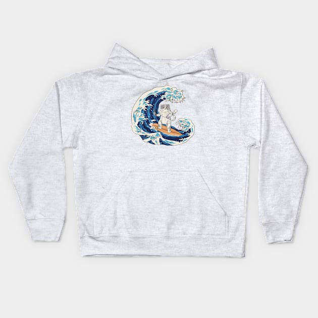 Japanese wave surfing cat Kids Hoodie by EdStark